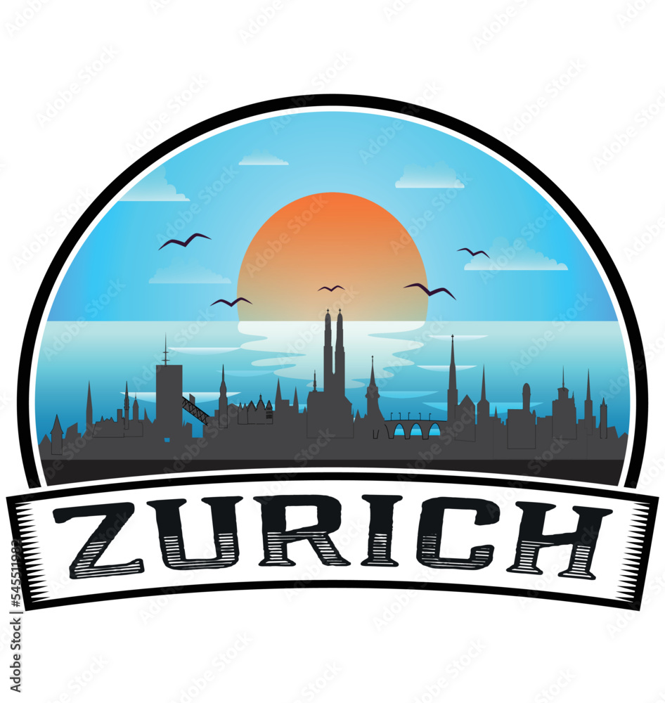 Zurich Switzerland Skyline Sunset Travel Souvenir Sticker Logo Badge Stamp Emblem Coat of Arms Vector Illustration EPS