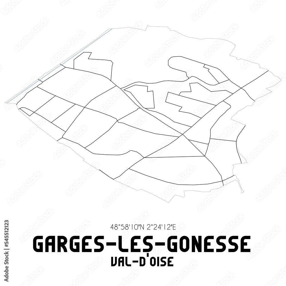 GARGES-LES-GONESSE Val-d'Oise. Minimalistic street map with black and white lines. GARGES-LES-GONESSE Val-d'Oise. Minimalistic street map with black and white lines.