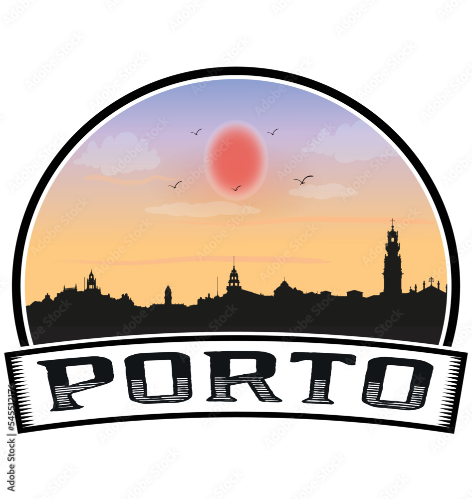 Porto Portugal Skyline Sunset Travel Souvenir Sticker Logo Badge Stamp Emblem Coat of Arms Vector Illustration EPS