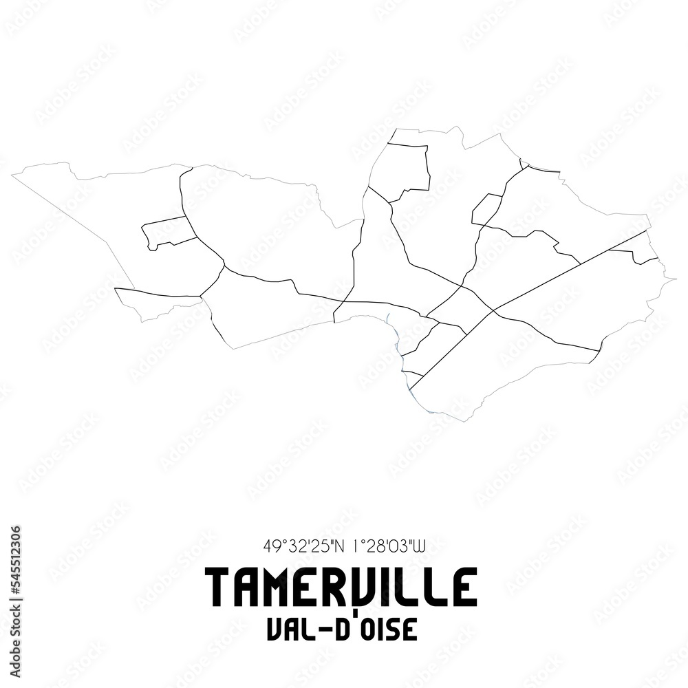 TAMERVILLE Val-d'Oise. Minimalistic street map with black and white lines.
