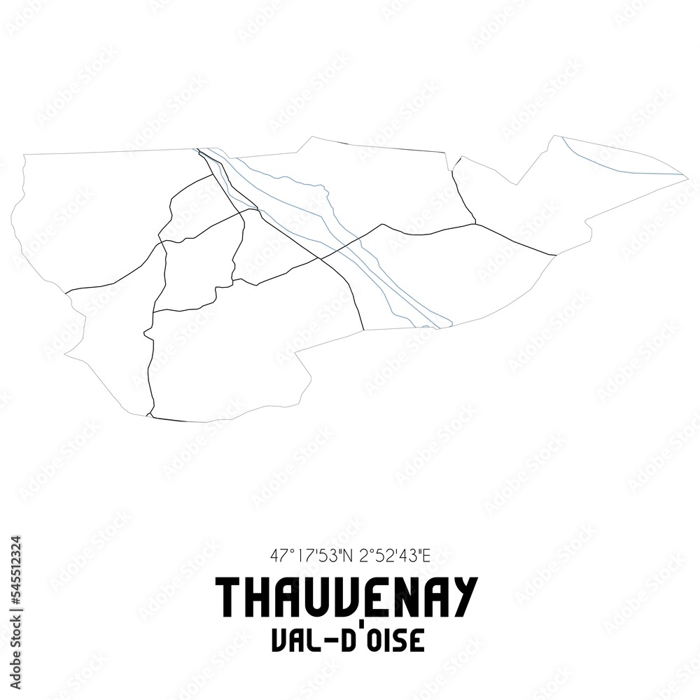THAUVENAY Val-d'Oise. Minimalistic street map with black and white lines. THAUVENAY Val-d'Oise. Minimalistic street map with black and white lines.