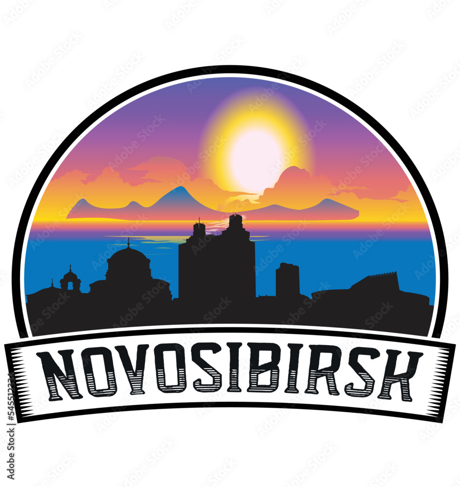 Novosibirsk Russia Skyline Sunset Travel Souvenir Sticker Logo Badge Stamp Emblem Coat of Arms Vector Illustration EPS