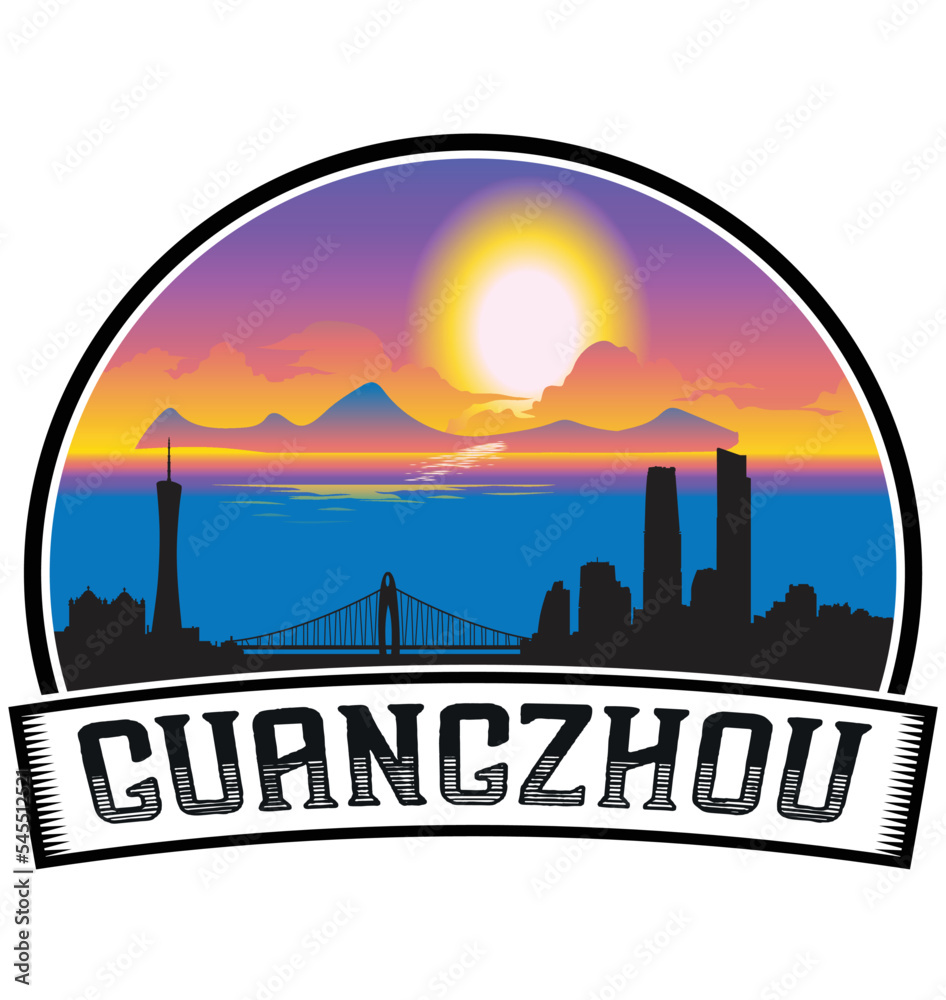 Guangzhou China Skyline Sunset Travel Souvenir Sticker Logo Badge Stamp Emblem Coat of Arms Vector Illustration EPS