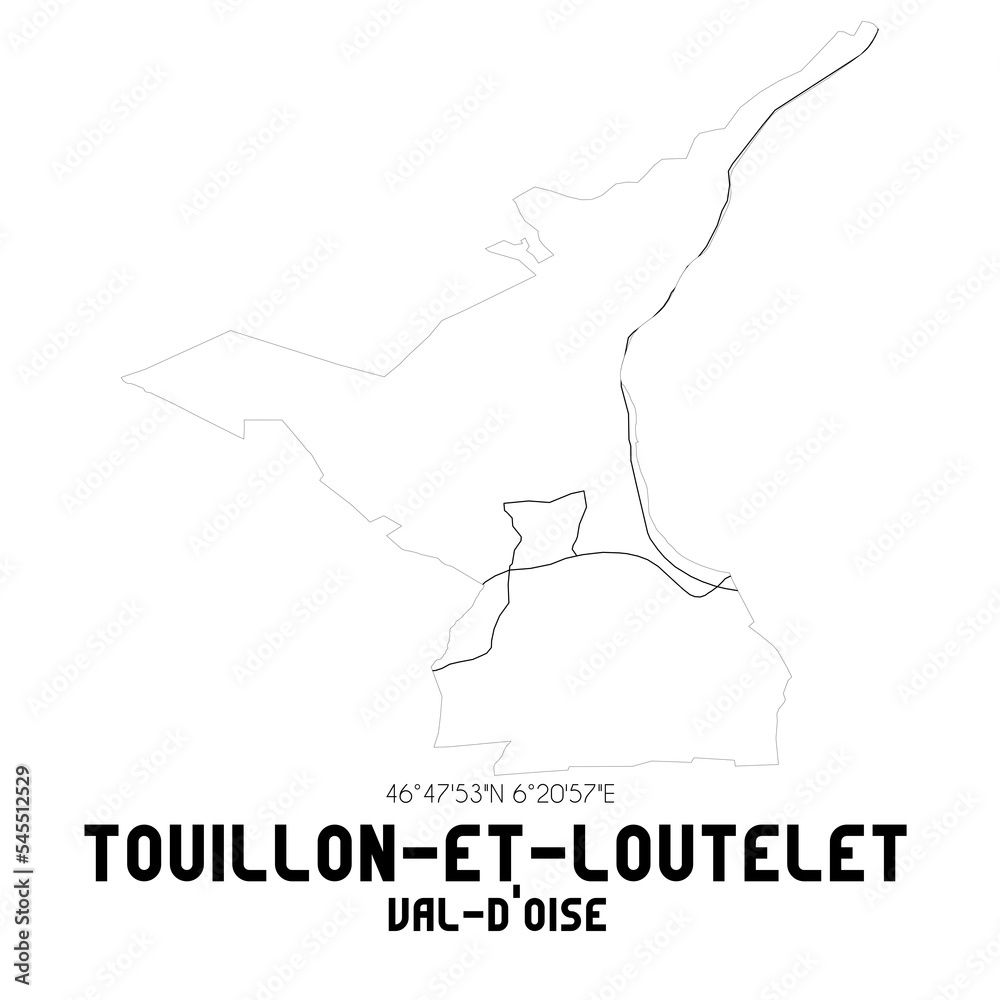 TOUILLON-ET-LOUTELET Val-d'Oise. Minimalistic street map with black and white lines.