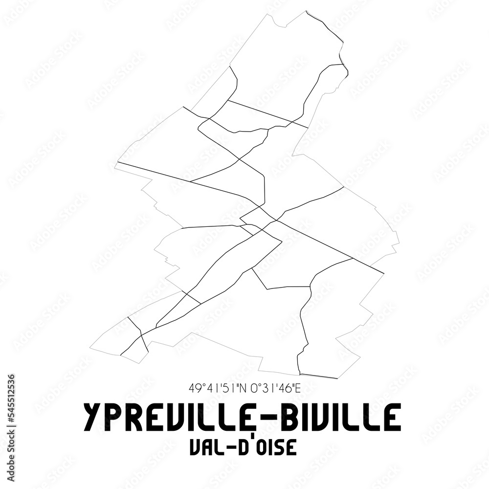 YPREVILLE-BIVILLE Val-d'Oise. Minimalistic street map with black and white lines.