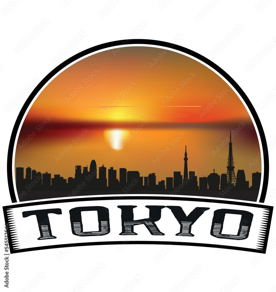 Tokyo Japan Skyline Sunset Travel Souvenir Sticker Logo Badge Stamp Emblem Coat of Arms Vector Illustration EPS