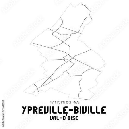 YPREVILLE-BIVILLE Val-d Oise. Minimalistic street map with black and white lines.