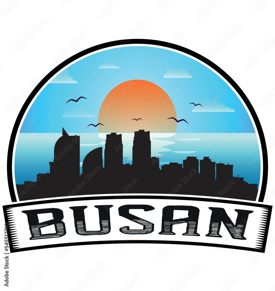 Busan South Korea Skyline Sunset Travel Souvenir Sticker Logo Badge Stamp Emblem Coat of Arms Vector Illustration EPS