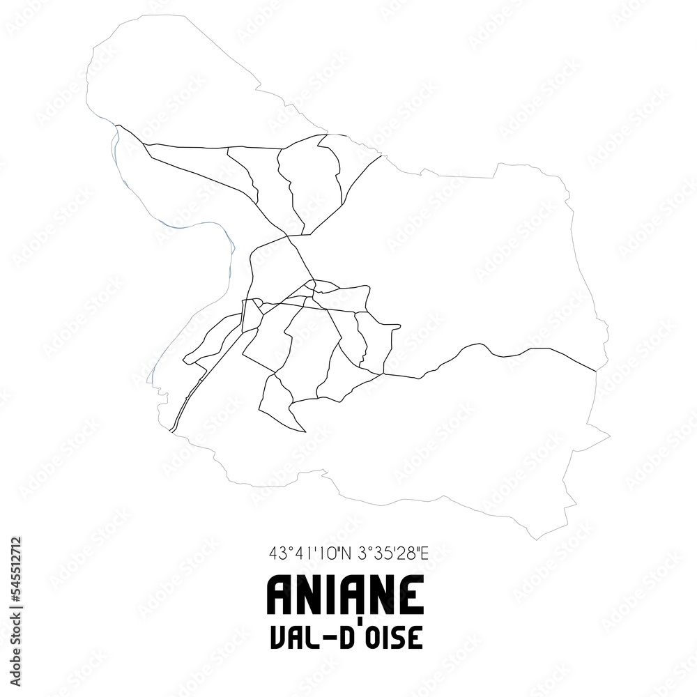 ANIANE Val-d'Oise. Minimalistic street map with black and white lines. ANIANE Val-d'Oise. Minimalistic street map with black and white lines.