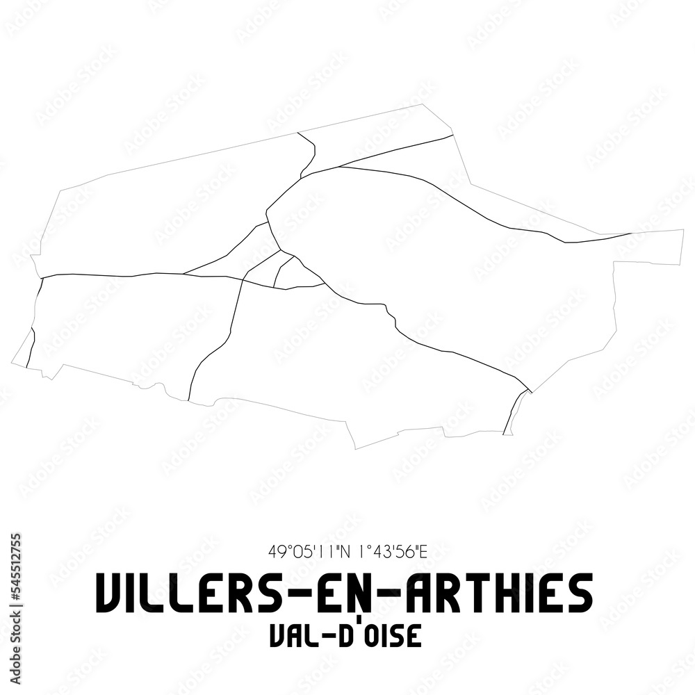 VILLERS-EN-ARTHIES Val-d'Oise. Minimalistic street map with black and white lines. VILLERS-EN-ARTHIES Val-d'Oise. Minimalistic street map with black and white lines.