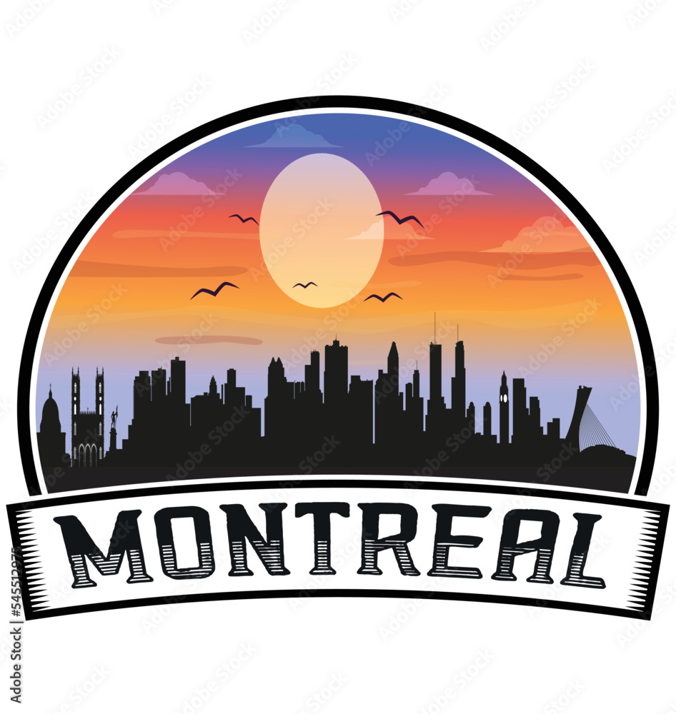 Montreal Canada Skyline Sunset Travel Souvenir Sticker Logo Badge Stamp Emblem Coat of Arms Vector Illustration EPS