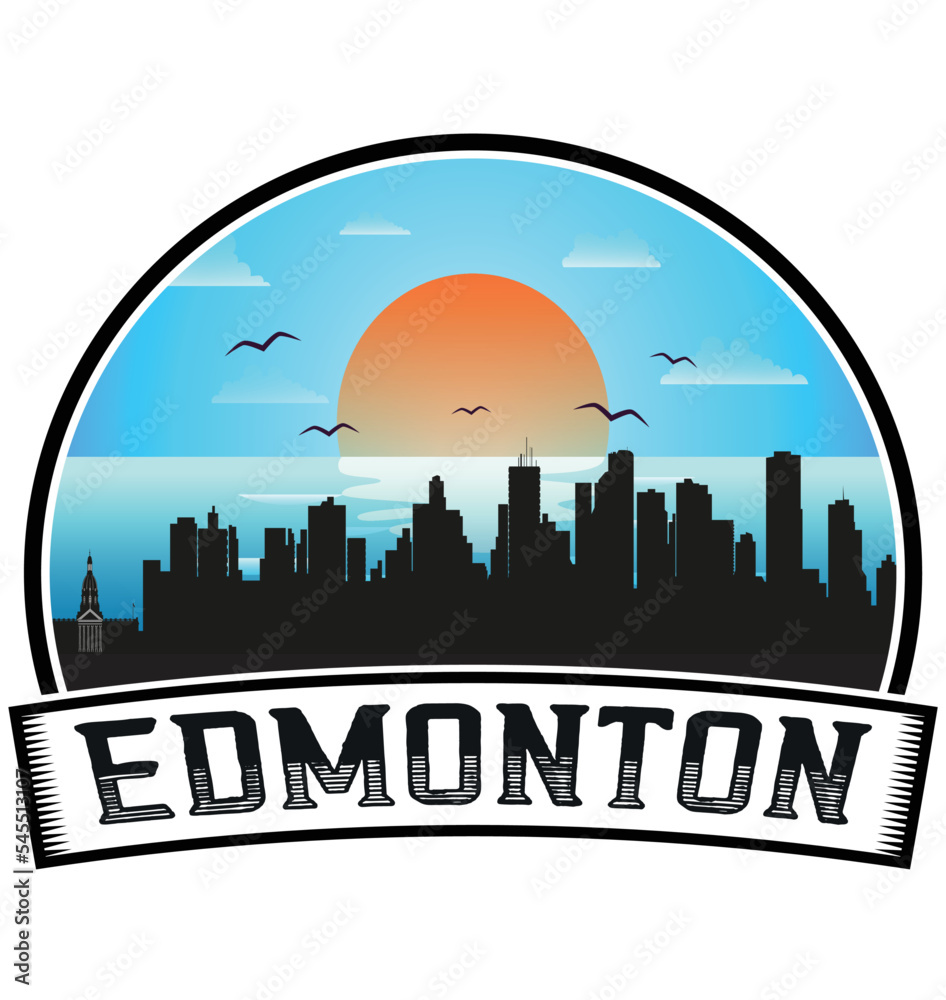 Edmonton Canada Skyline Sunset Travel Souvenir Sticker Logo Badge Stamp Emblem Coat of Arms Vector Illustration EPS