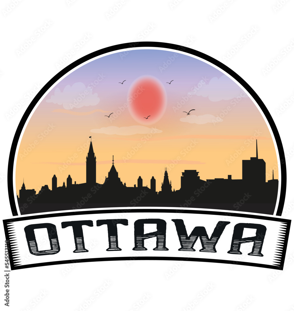 Ottawa Canada Skyline Sunset Travel Souvenir Sticker Logo Badge Stamp Emblem Coat of Arms Vector Illustration EPS