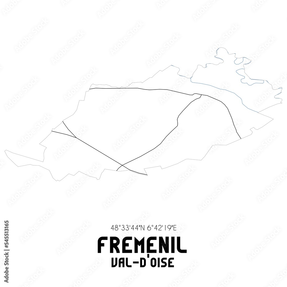 FREMENIL Val-d'Oise. Minimalistic street map with black and white lines. FREMENIL Val-d'Oise. Minimalistic street map with black and white lines.