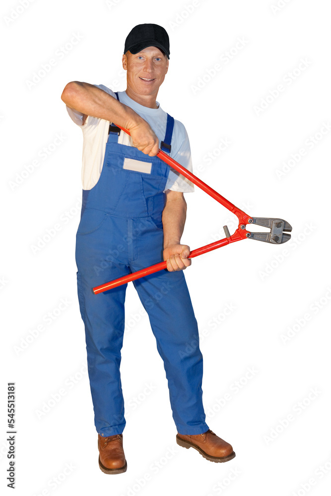 Craftsman series: sympathetic craftsman holding a large bolt cutter. Craftsman series: sympathetic craftsman holding a large bolt cutter.