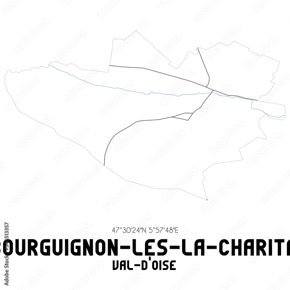 BOURGUIGNON-LES-LA-CHARITE Val-d'Oise. Minimalistic street map with black and white lines.