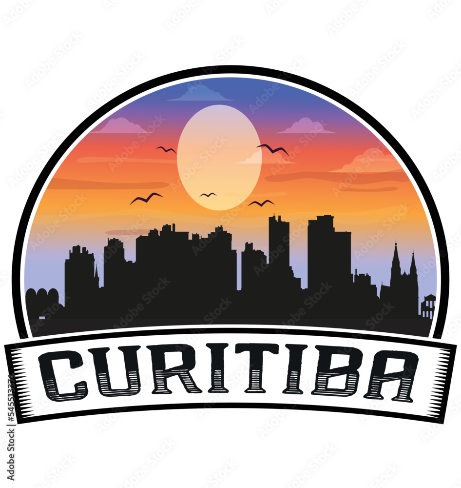 Curitiba Brazil Skyline Sunset Travel Souvenir Sticker Logo Badge Stamp Emblem Coat of Arms Vector Illustration EPS