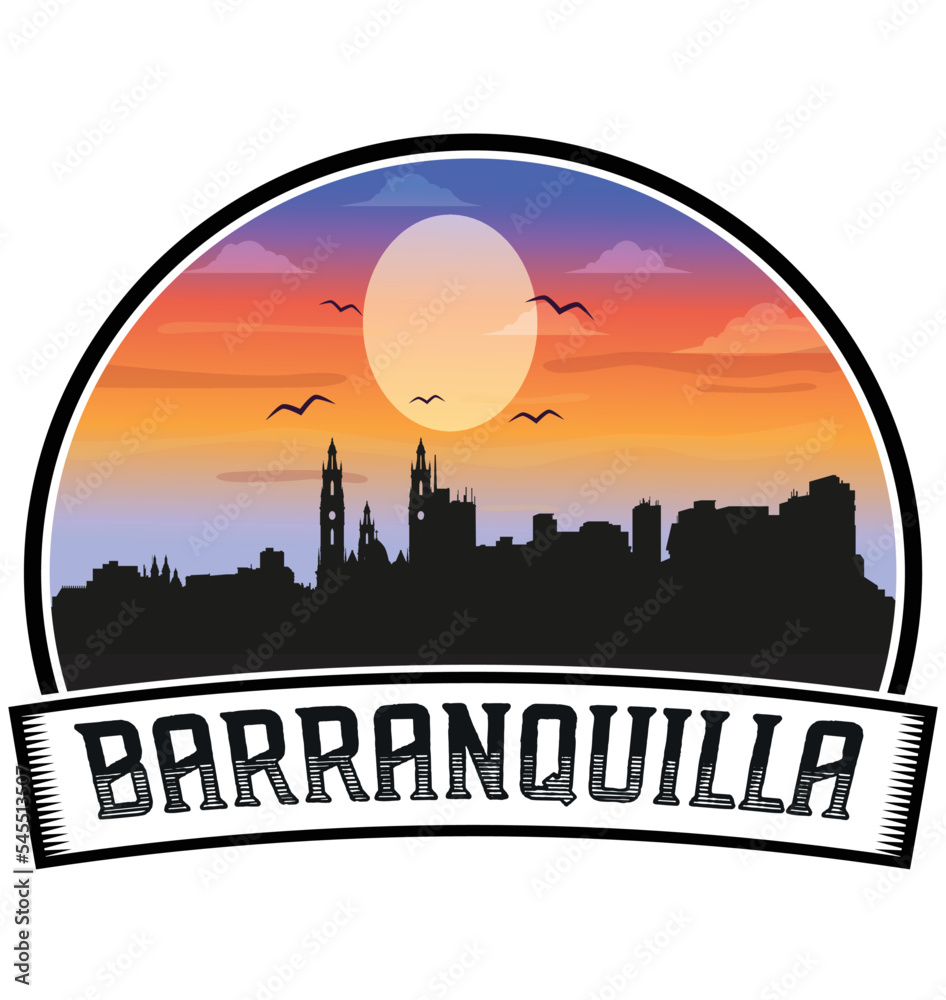 Barranquilla Colombia Skyline Sunset Travel Souvenir Sticker Logo Badge Stamp Emblem Coat of Arms Vector Illustration EPS