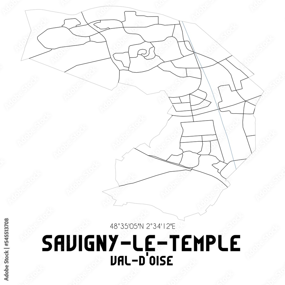 SAVIGNY-LE-TEMPLE Val-d'Oise. Minimalistic street map with black and white lines.