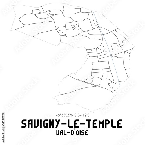 SAVIGNY-LE-TEMPLE Val-d Oise. Minimalistic street map with black and white lines.