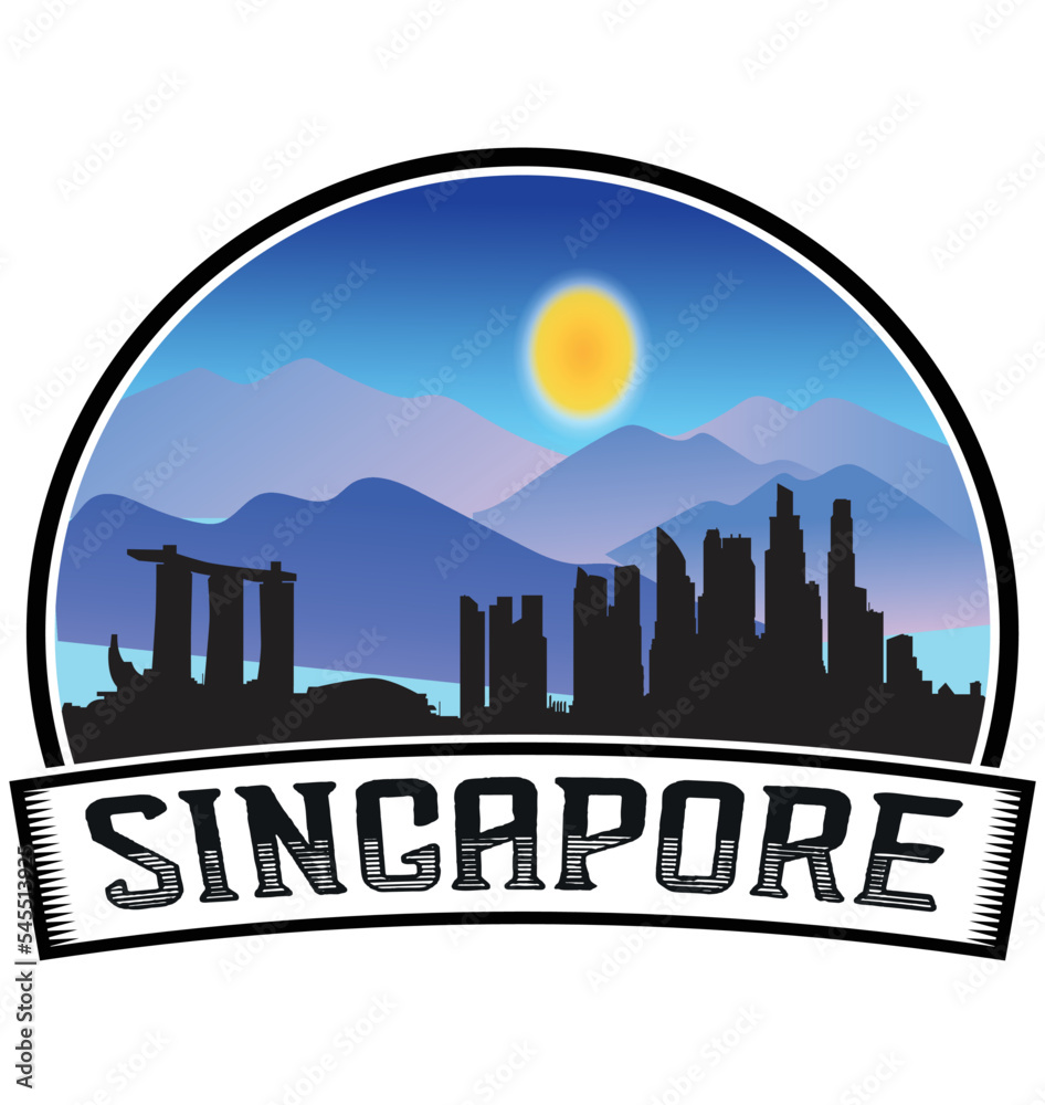 Singapore Singapore Skyline Sunset Travel Souvenir Sticker Logo Badge Stamp Emblem Coat of Arms Vector Illustration EPS