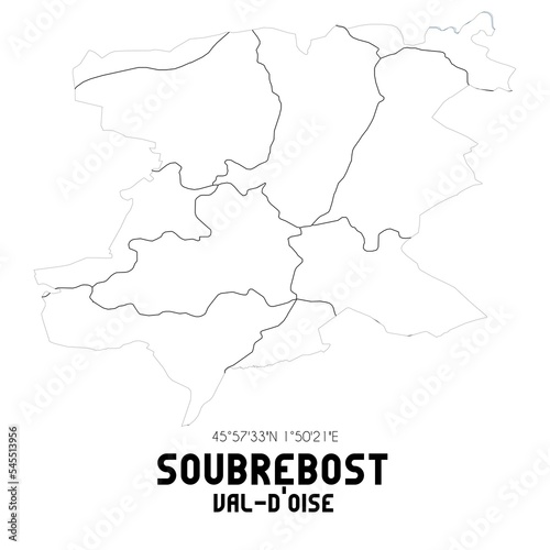 SOUBREBOST Val-d Oise. Minimalistic street map with black and white lines.