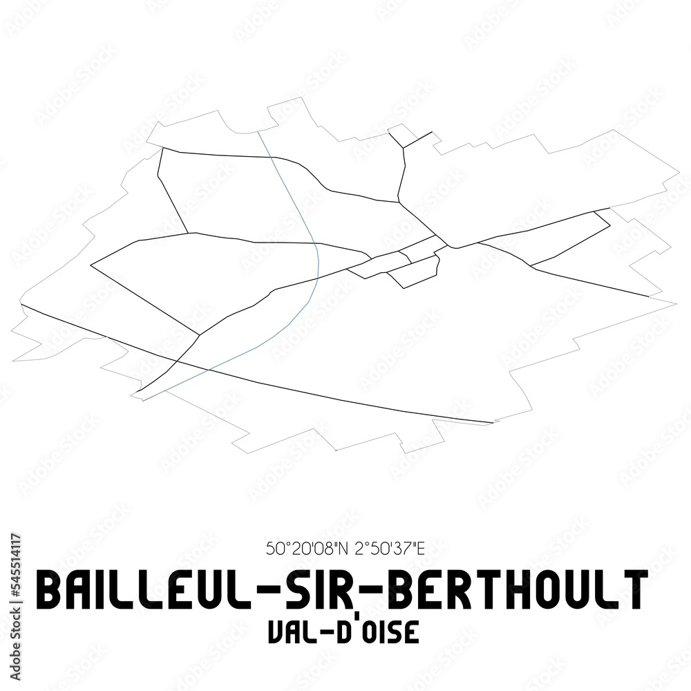 BAILLEUL-SIR-BERTHOULT Val-d'Oise. Minimalistic street map with black and white lines. BAILLEUL-SIR-BERTHOULT Val-d'Oise. Minimalistic street map with black and white lines.