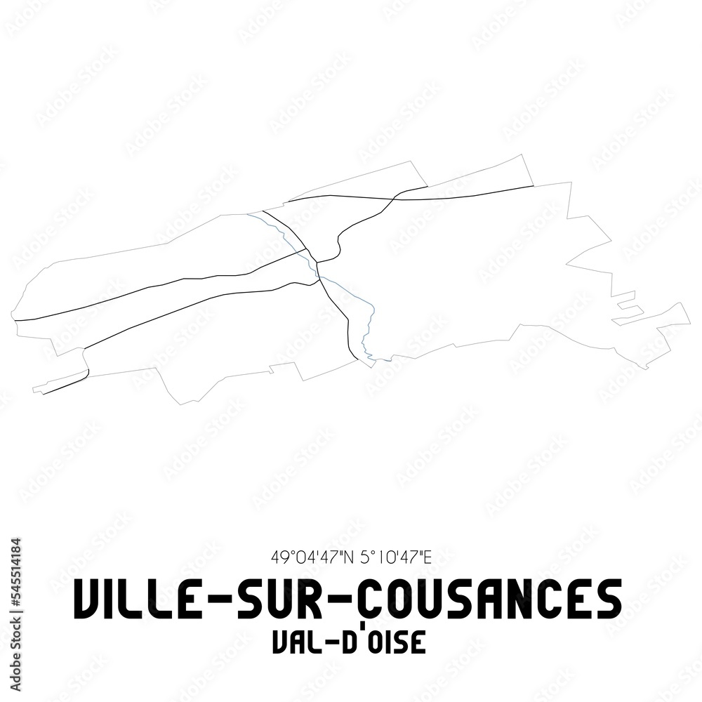 VILLE-SUR-COUSANCES Val-d'Oise. Minimalistic street map with black and white lines.