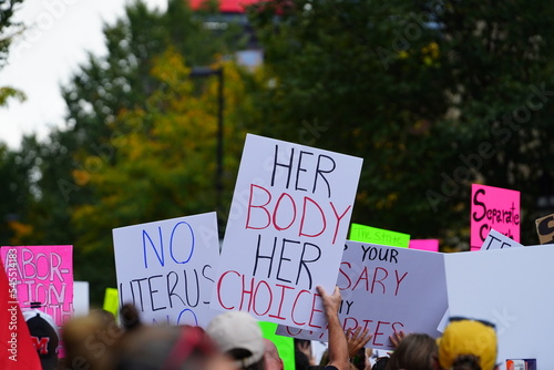 Rear view of members and supporters of Pro-Choice and Bans Off Our Bodies rallied together and marched to the Madison state capitol.