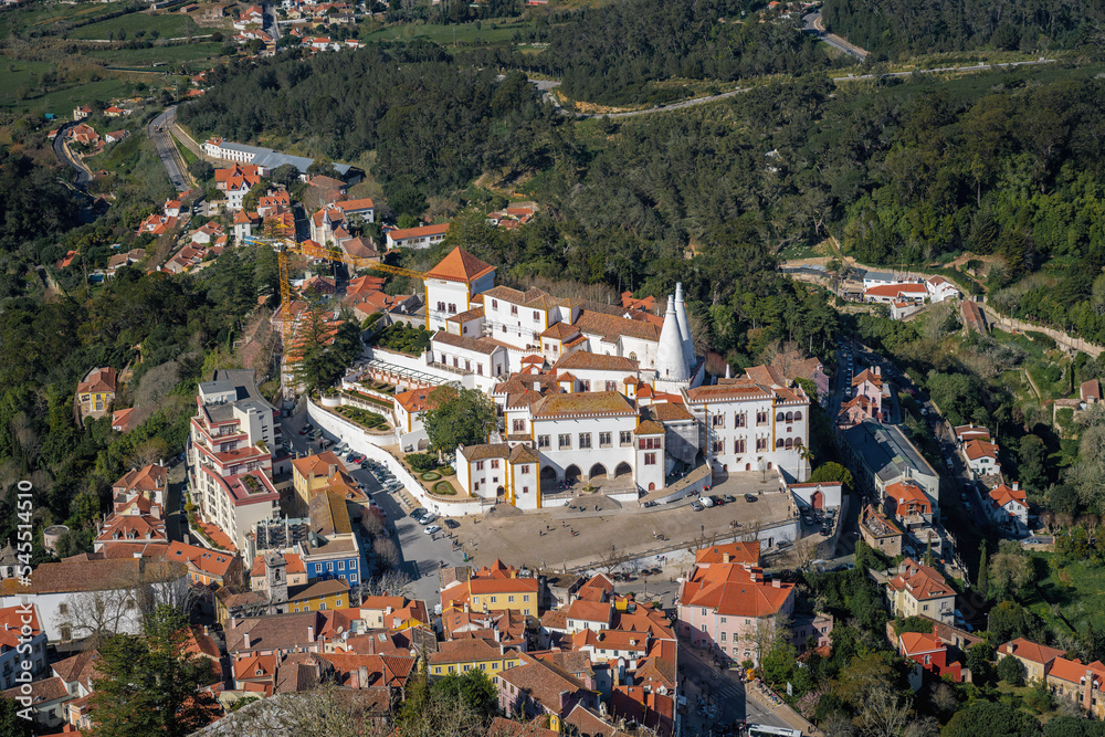 Aerial view of city and National Palace of Sintra - Sintra, Portugal