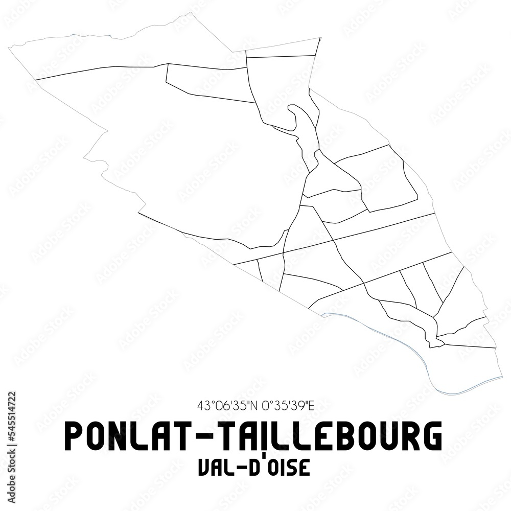 PONLAT-TAILLEBOURG Val-d'Oise. Minimalistic street map with black and white lines.
