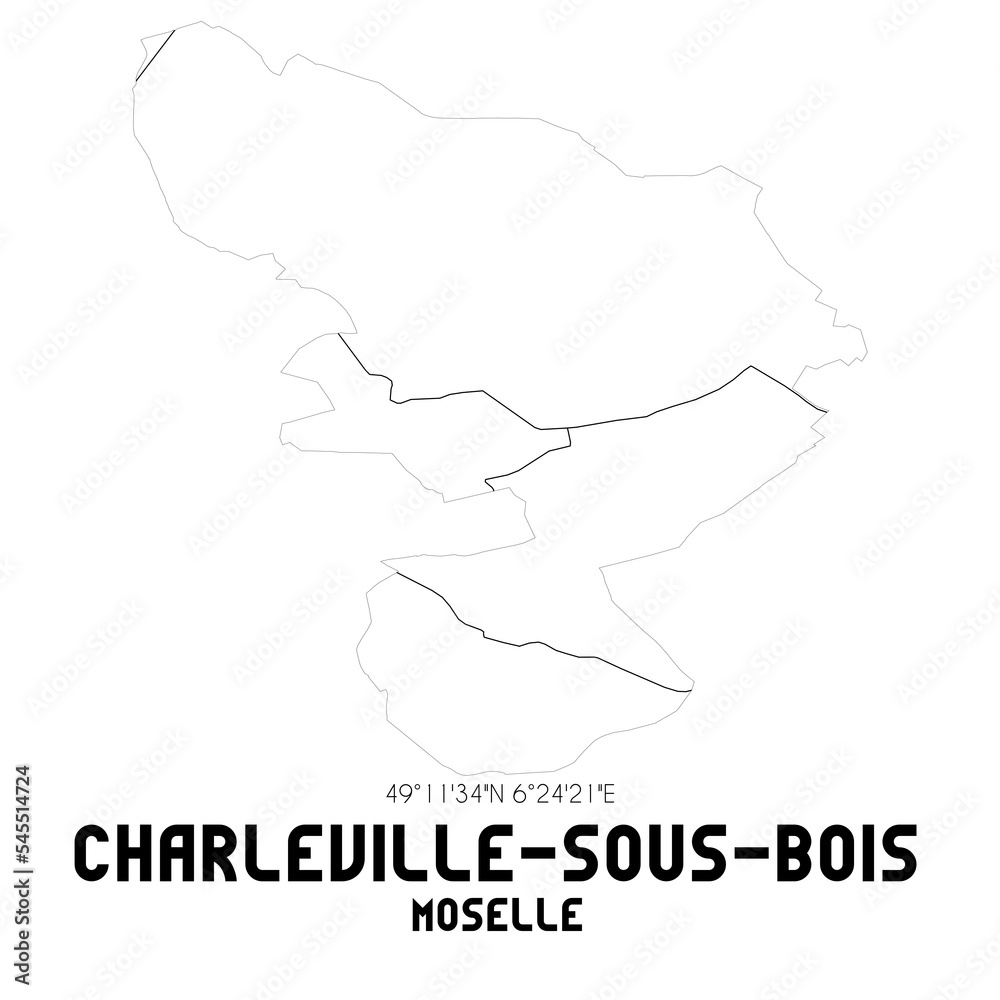 CHARLEVILLE-SOUS-BOIS Moselle. Minimalistic street map with black and white lines.