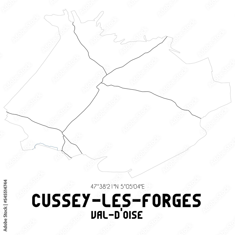 CUSSEY-LES-FORGES Val-d'Oise. Minimalistic street map with black and white lines.