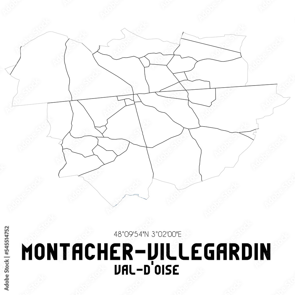 MONTACHER-VILLEGARDIN Val-d'Oise. Minimalistic street map with black and white lines.