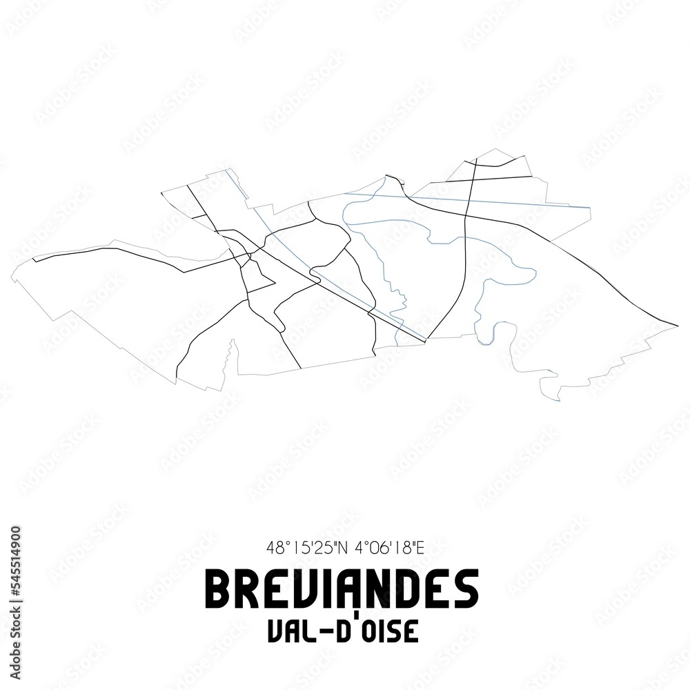 BREVIANDES Val-d'Oise. Minimalistic street map with black and white lines.