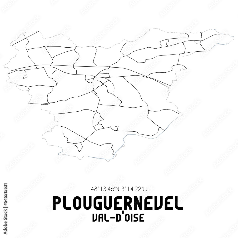 PLOUGUERNEVEL Val-d'Oise. Minimalistic street map with black and white lines.
