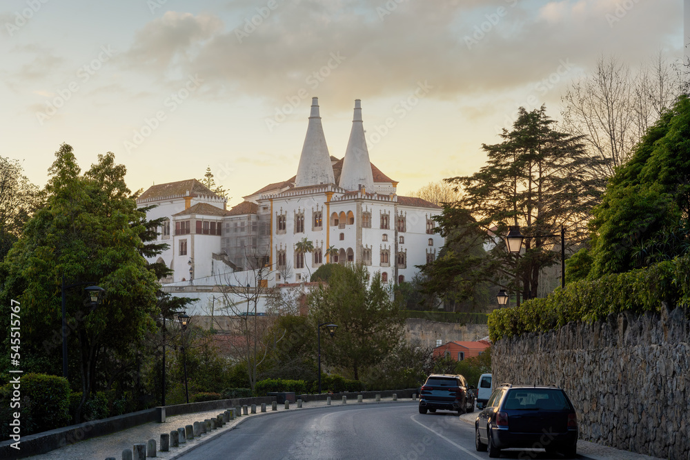 Street and National Palace of Sintra view at sunset - Sintra, Portugal