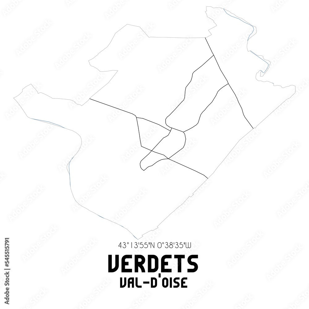 VERDETS Val-d'Oise. Minimalistic street map with black and white lines. VERDETS Val-d'Oise. Minimalistic street map with black and white lines.