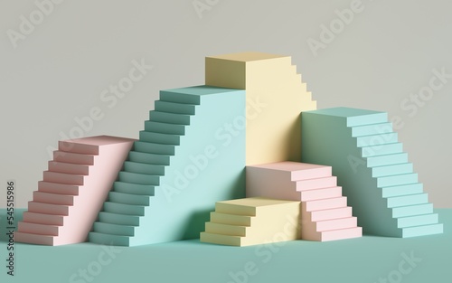 3d render, yellow blue pink stairs, steps, abstract background in pastel colors, fashion podium, minimal scene, primitive architectural blocks, design element
