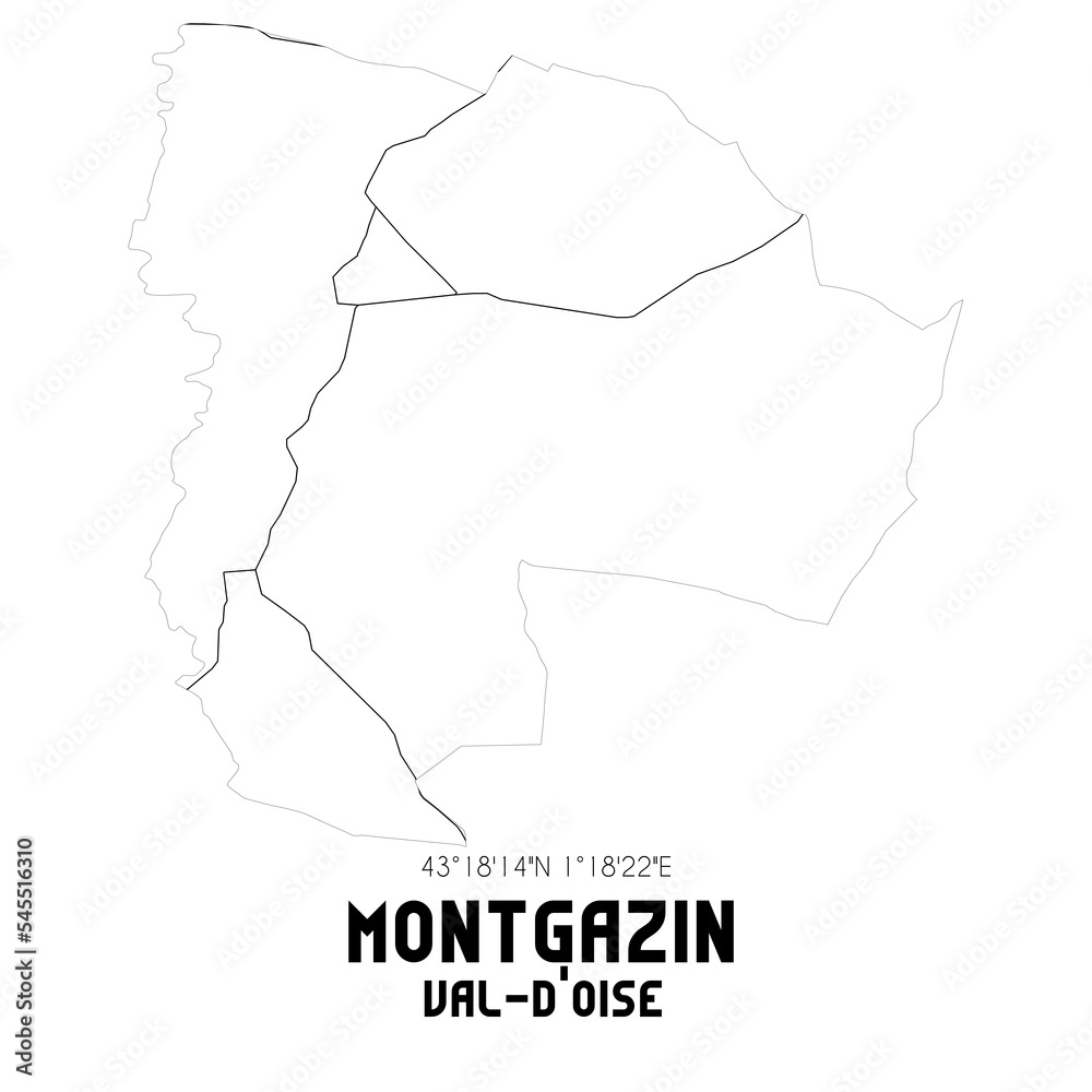MONTGAZIN Val-d'Oise. Minimalistic street map with black and white lines.