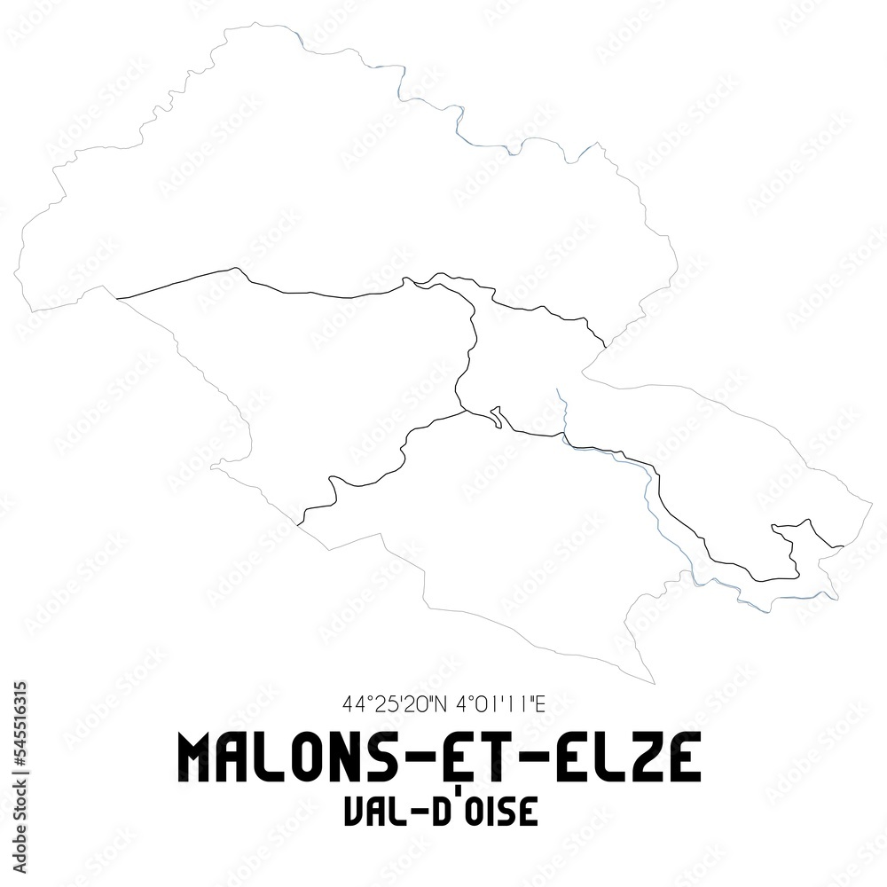 MALONS-ET-ELZE Val-d'Oise. Minimalistic street map with black and white lines.