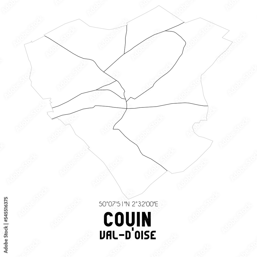 COUIN Val-d'Oise. Minimalistic street map with black and white lines. COUIN Val-d'Oise. Minimalistic street map with black and white lines.