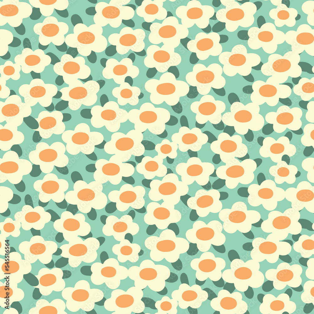 Seamless floral pattern, cute ditsy print with pretty chamomile field in cartoon style. Cute flower background design with small hand drawn flowers, leaves in liberty arrangement. Vector illustration.