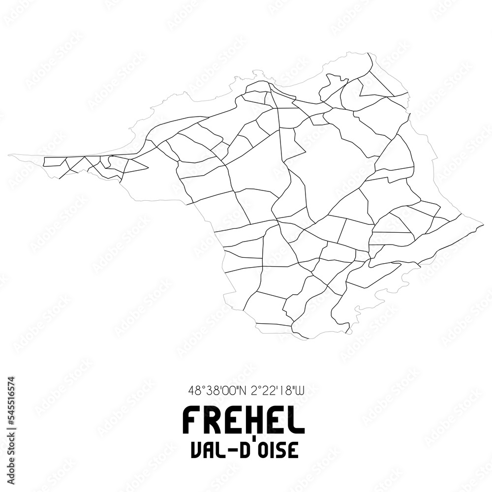 FREHEL Val-d'Oise. Minimalistic street map with black and white lines. FREHEL Val-d'Oise. Minimalistic street map with black and white lines.