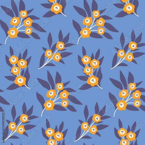 Seamless floral pattern, cute ditsy print with folk motif. Pretty flower surface design with decorative plants, hand drawn branches with small flowers, leaves on blue background. Vector illustration. © Yulya i Kot
