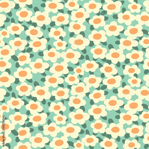 Seamless floral pattern, cute ditsy print with pretty chamomile field in cartoon style. Cute flower background design with small hand drawn flowers, leaves in liberty arrangement. Vector illustration.