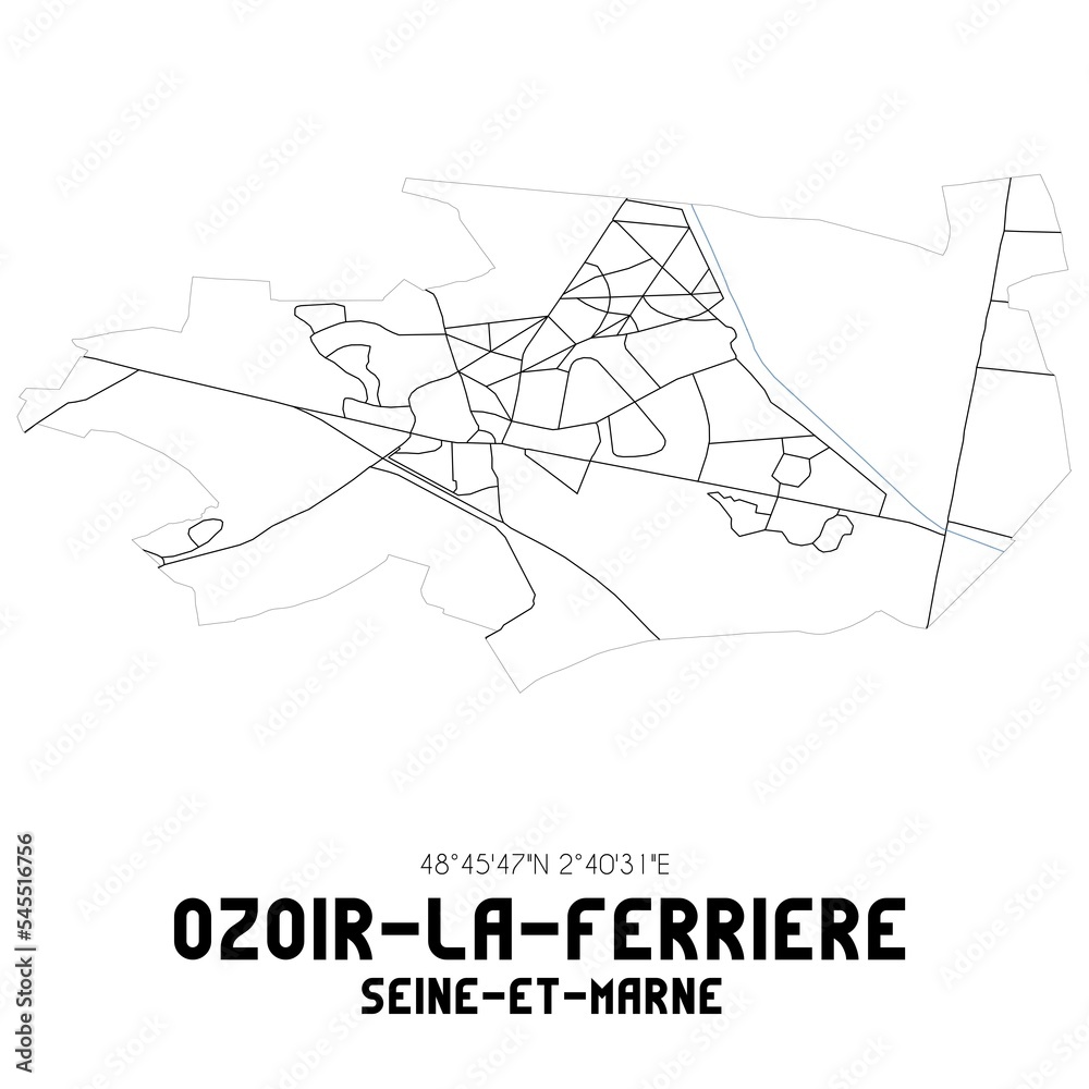 OZOIR-LA-FERRIERE Seine-et-Marne. Minimalistic street map with black and white lines.