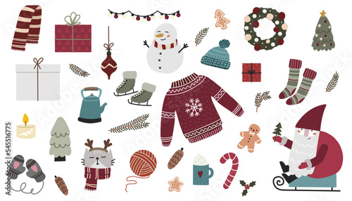 Christmas cozy set. Hand drawn noel stickers bundle. Vector xmas design elements