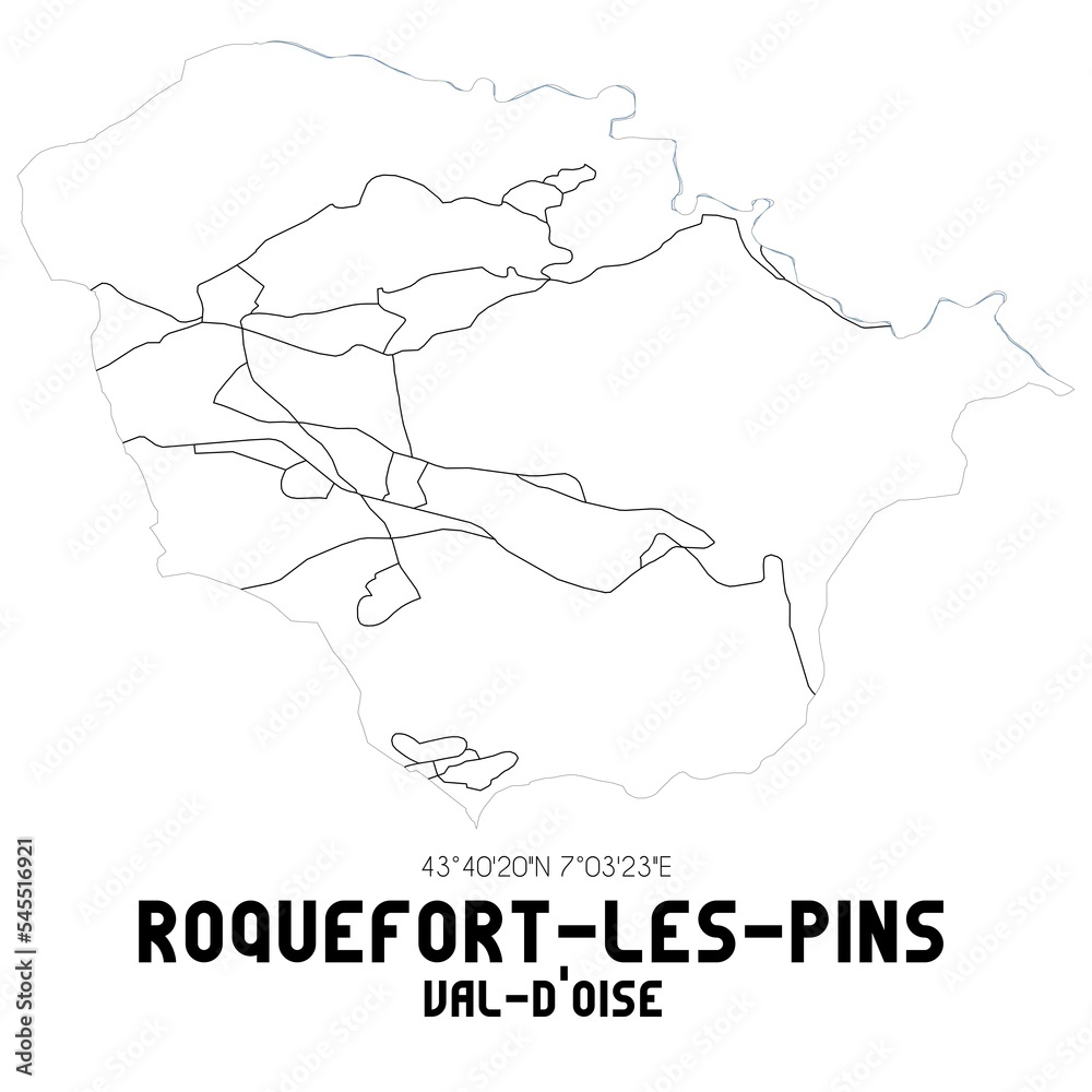 ROQUEFORT-LES-PINS Val-d'Oise. Minimalistic street map with black and white lines.