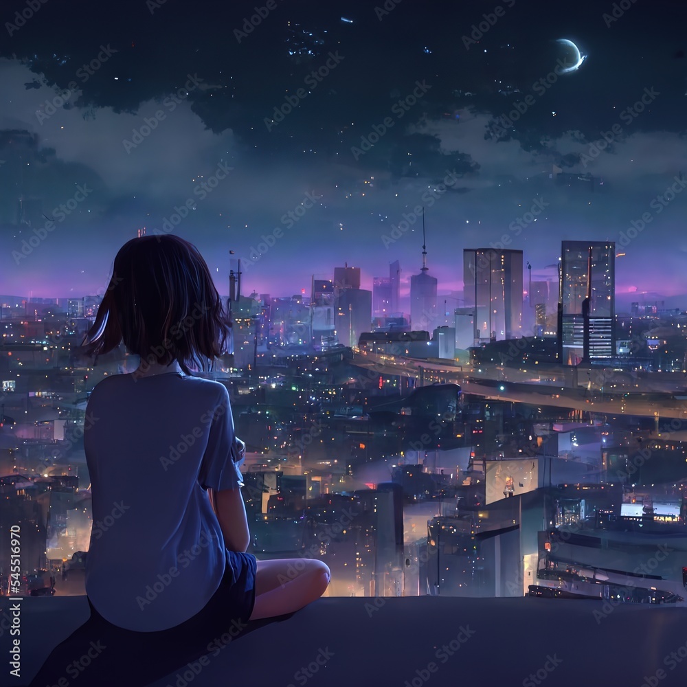 Premium Photo  Cute anime woman looking at the cityscape by night